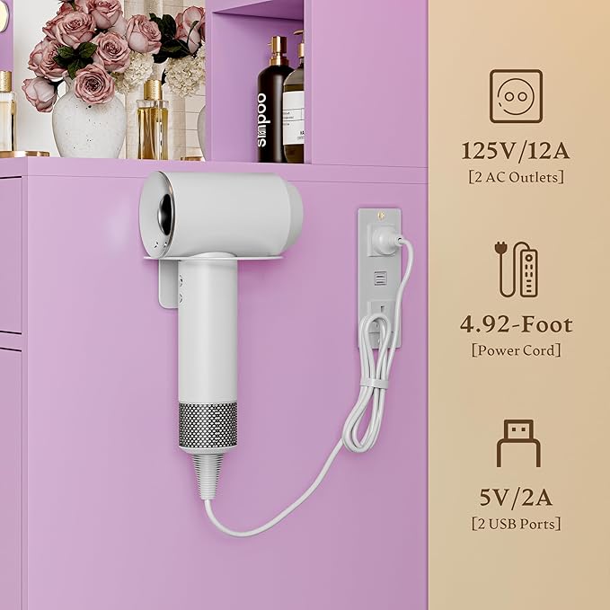 Makeup Vanity Desk with Mirror and Lights, Purple Vanity with Glass Top, LED Lights & Power Outlet, 3 Drawers & 2 RGB Glass Cabinets, Adjustable Lighted Dressing Table for Women & Girls Bedroom