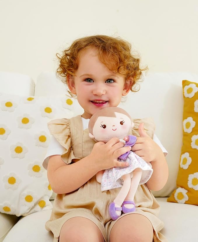 GAGAKU Soft Plush Baby Doll for Girls (12") - My First Baby Doll Gift for Girls, Toddlers & Infants, Machine Washable Rag Doll Toy - Purple Skirt Girl