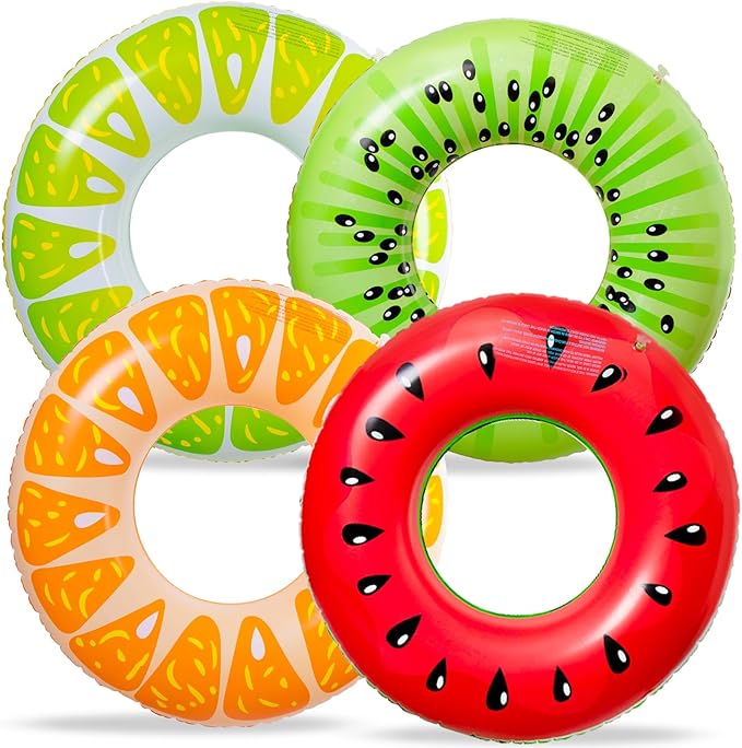 90shine 4PCS Fruit Pool Floats: Watermelon Kiwi Orange Lime Swimming Rings - Inflatable Tubes Floaties Toys for Kids Adults