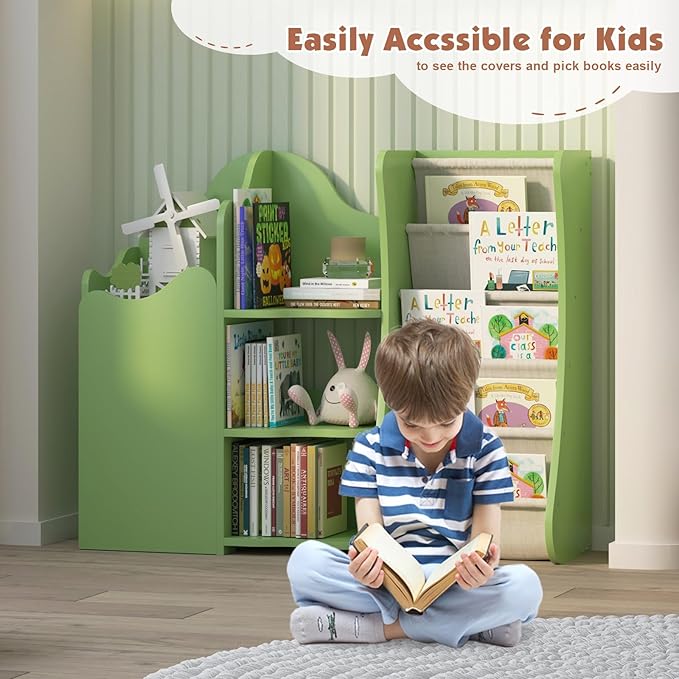 Tree House Kids Bookshelf Toddler Bookcase 4-Tier Baby Book Rack Sling Pocket Cabinet Children Toy Storage Organizer Wood Display Shelf Nursery Playroom Bedroom Classroom Preschool Boy Girl Gift