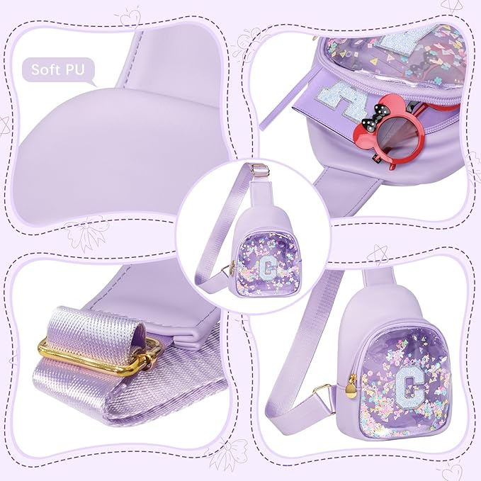 COSHAYSOO Purple Toddler Girls Sling Bag Purse Gifts for One Two Three Four Five Six Year Old Girl Birthday Party Favors, Cute Kids Small Mini Clear Crossbody Chest Shoulder Pouch Initial Letter C