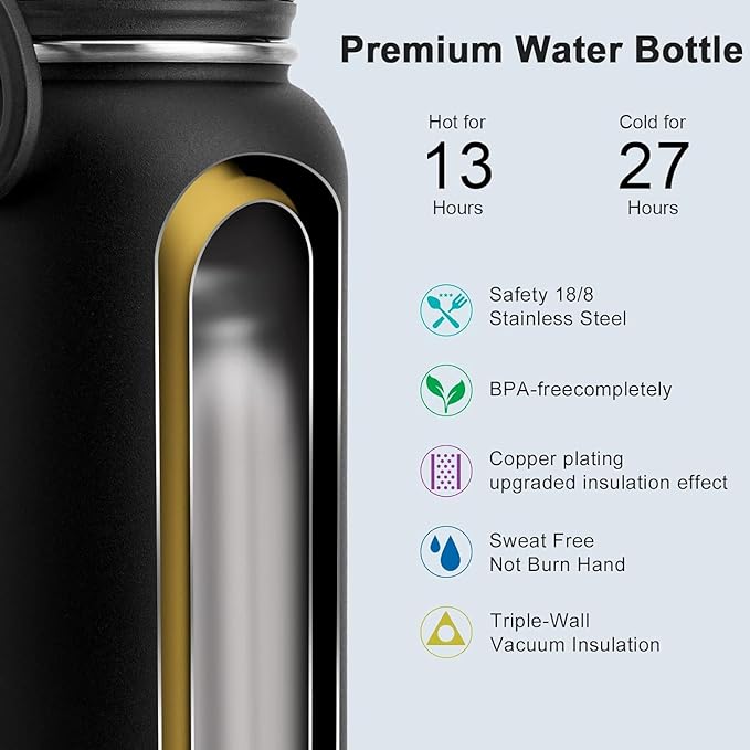 koodee Insulated Water Bottle, 32 oz Stainless Steel Double Wall Vacuum Wide Mouth Sport Bottle with Leakproof Spout Lid (Black)