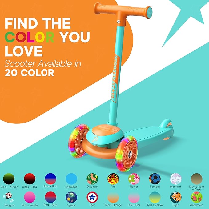 3 Wheel Scooter for Kids, Smooth Light Up LED Front Wheels, Wide Anti Slip Deck, Rear Foot Brake, Easy Lean to Steer Maneuvering, Indoor & Outdoor Ride On Toys for Ages 2 Up