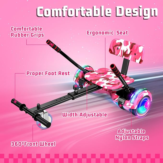 Scooter with Seat Attachment for Kids Adults, 6.5'' 8.5''Balancing Scooter with Bluetooth Speakers & Colorful LED Light with Kart