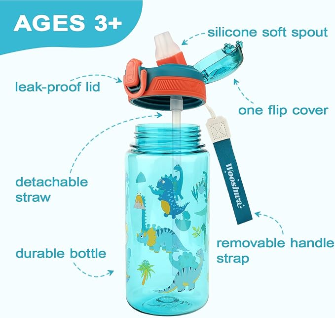 Kids Water Bottle for School or Travel, 20 Oz Durable Plastic Water Bottle with Silicone Straw and Pop-Up Spout Cover, BPA Free & Dishwasher Safe(Dinosaur)