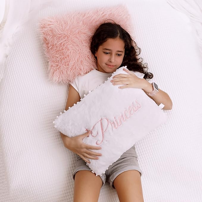 Perfectto Design Set of 2 Decorative Pillows for Toddler Kids Room. White Fluffy Princess Embroidered and Furry Pink Faux Fur Pillow. Soft and Plush Throw Pillows for Kid’s Bedroom Décor