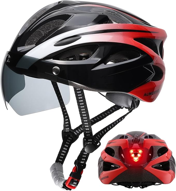 Adult Bike Helmet, Bicycle Helmet with Rear LED Light & Detachable Magnetic Goggles, CPSC/CE Certified Cycling Helmet Adjustable for Men Women Mountain & Road