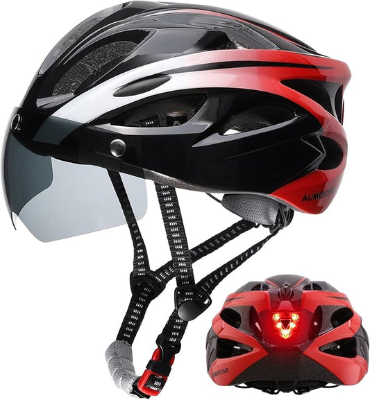 Adult Bike Helmet, Bicycle Helmet with Rear LED Light & Detachable Magnetic Goggles, CPSC/CE Certified Cycling Helmet Adjustable for Men Women Mountain & Road