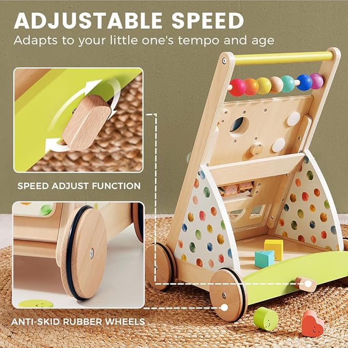 Tiny Land Wooden Baby Walker, Adjustable Speed Baby Push Walker for Boys and Girls, Montessori Activity Center Push Toy for Kids' Development, Ideal Christmas Gift for Toddlers (Rainbow)