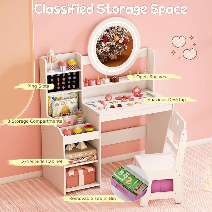 Costzon Kids Vanity, Girls Vanity Set with Mirror and Lights, Jewelry Storage, Shelves, Princess Toddler Makeup Vanity Desk Dressing Table, Wooden Kids Vanity Table and Chair Set (White)