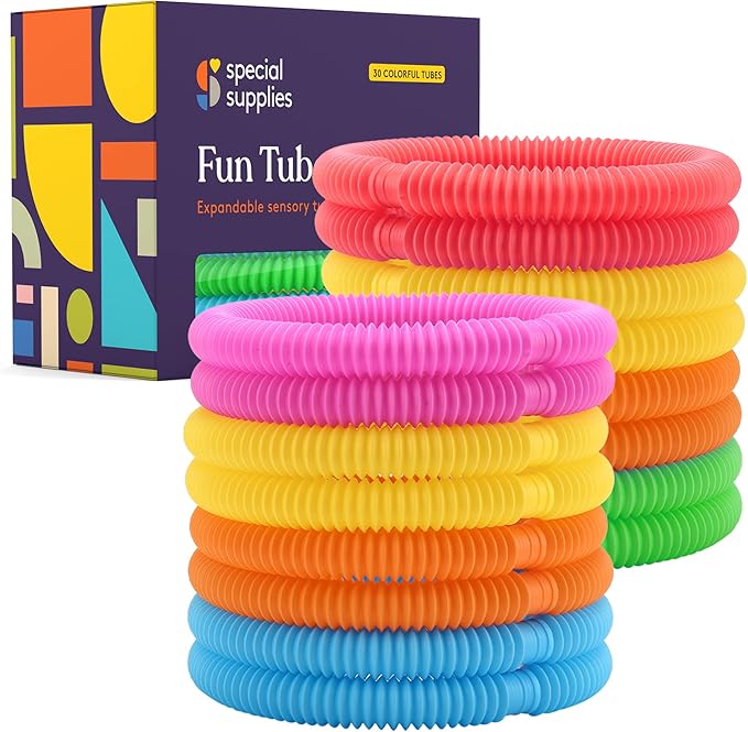 Special Supplies Fun Pull and Stretch Tubes for Kids - Pop, Bend, Build, and Connect Toy, Provide Tactile and Auditory Sensory Play, Colorful, Heavy-Duty Plastic (30-Pack Primary Colors)