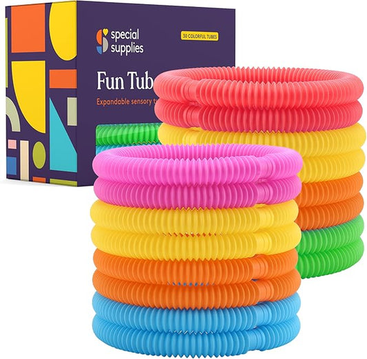 Special Supplies Fun Pull and Stretch Tubes for Kids - Pop, Bend, Build, and Connect Toy, Provide Tactile and Auditory Sensory Play, Colorful, Heavy-Duty Plastic (30-Pack Primary Colors)