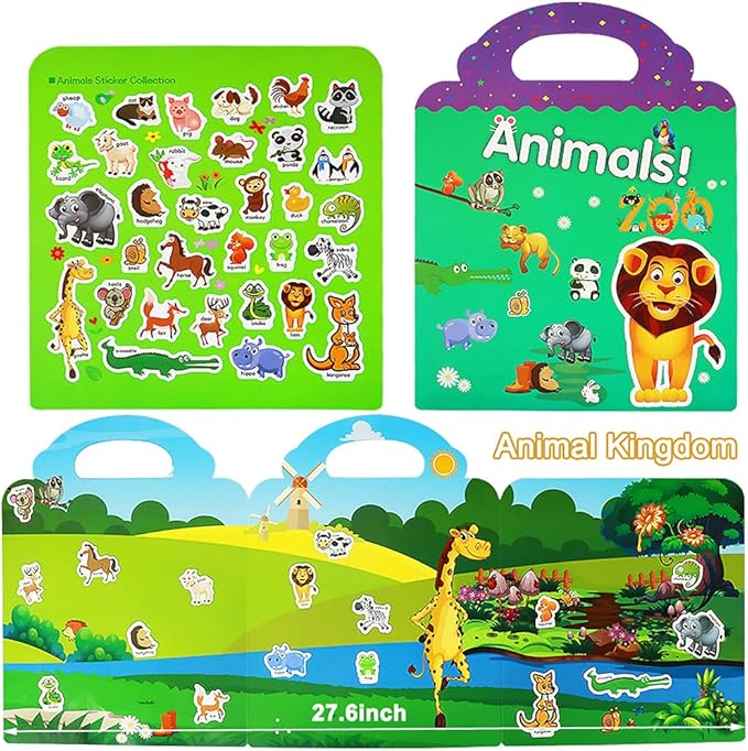 Reusable Sticker Books for Kids, 3 Sets Travel Removable Toddler Sticker Books for 3 4 5 Year Old Girls Boys Birthday Gifts Educational Learning Toys for Age 3-5 - Ocean & Zoo Animals, Dinosaur