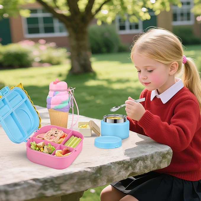 Dinosaur Lunch Box for Kids with Secret Compartment | 4 Compartments Bento Box + 12oz Insulated Food Jar | Leak-Proof Sauce Cup & Collapsible Spoon | BPA-Free, Dishwasher Safe(Grey+Grey Jar)