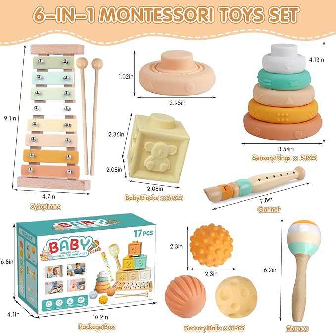 Montessori Toys 6 in 1 Musical Instruments for Toddler Stacking Blocks Development Learning Educational Toy with Wooden Xylophone Baby Birthday Gift