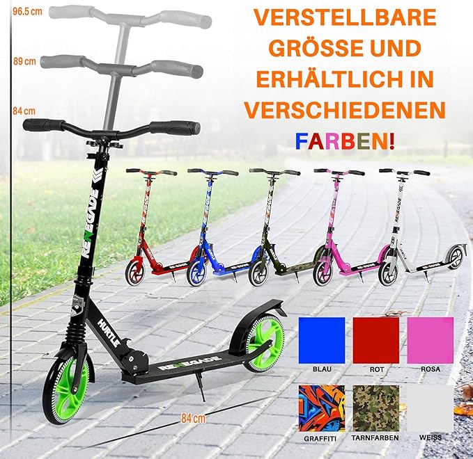 Hurtle Renegade Kick Scooter for Kids, Teenagers & Adults - 2-Wheel Folding Scooter with Adjustable T-Bar Handlebar - Alloy Anti-Slip Deck