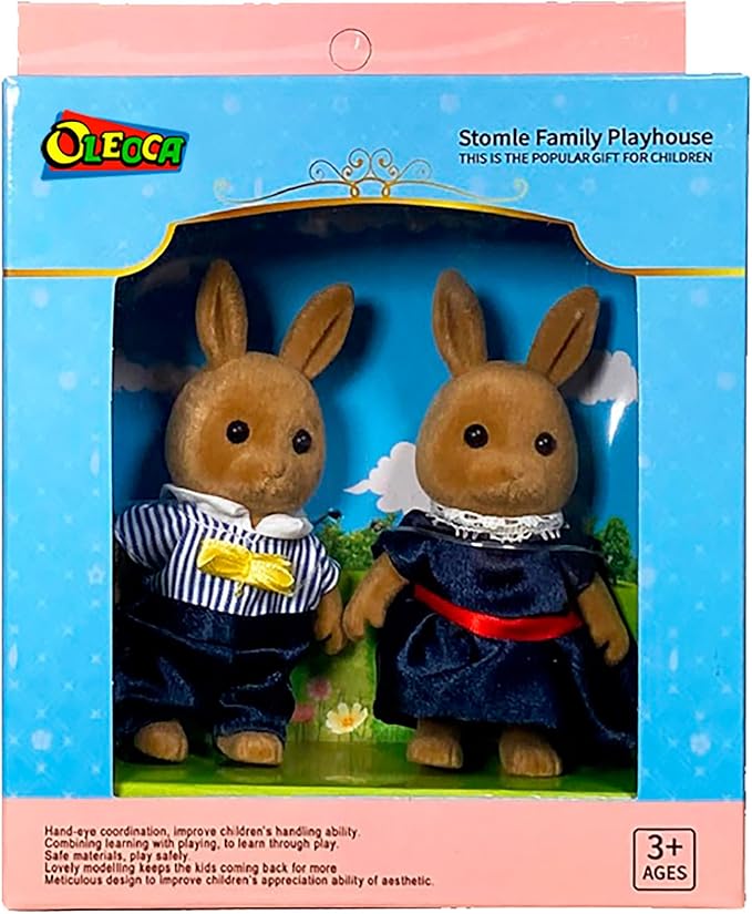 Family Brown Rabbit Figures — Set of 2 Collectible Flocked Mini Dolls with Removable Clothes, Miniature Dollhouse Pretend Play Figures for Kids Ages 3+