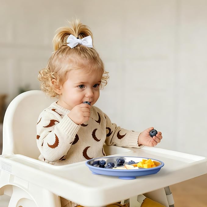 Stainless Steel Suction Plates for Toddlers, 8" Divided Kids Baby Plates with Removable Silicone Suction, Non Toxic Non Slip Portion Control Snack Dishes 3 Packs, Blue Gray Beige