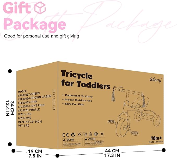 Liberry Toddler Tricycle Age 2 3 4 Years Old, Kids Trike with Bell, Back Basket and Removable Pedal, 3 Wheel Bike Riding Toy Gift for Girls, Light Pink