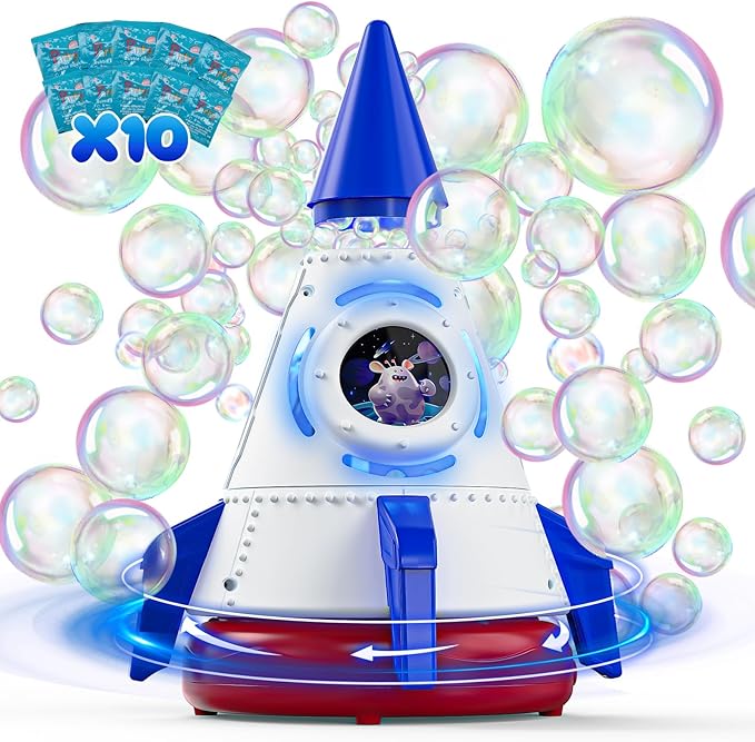 Rocket Bubble Machine for Kids with Lights, 360° Rotating Bubble Blower Toy with 10 Refill Solutions, Bubble Maker for Toddlers, Fun Outdoor Party Gift for Boys & Girls Blue