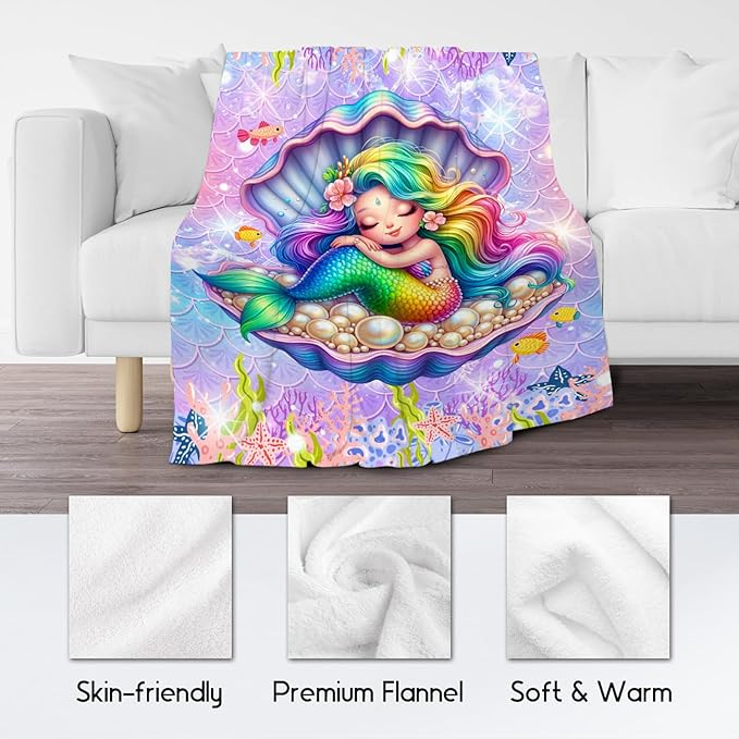 Girls Blanket Gifts, Mermaid Blanket for Girls, Mermaid Gifts for Kids, Fluffy Flannel Throw for Sofa Living Room, 50"x60"