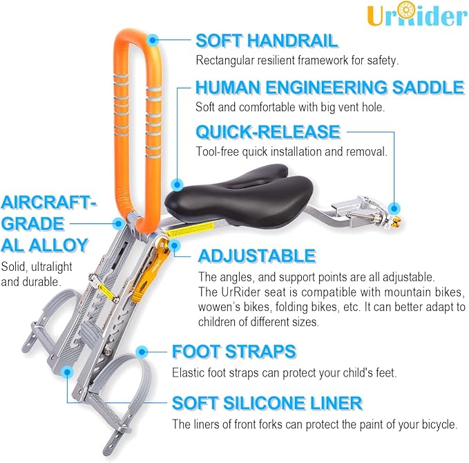 Child Bike Seat, Front Mount Kids Bike Seat,Fit Mountain Bikes, Cruiser Bikes, Folding Bikes, Ultra Light,Portable, Tool-Free, Quick-Release,Toddler Bike Seat for 2-6 Years(up to 60lbs)