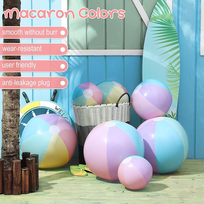 24 Pcs Inflatable Beach Balls Bulk Pastel Color Jumbo Big Macaron Beach Balls for Adults Summer Swimming Pool Water Games Party Favor(16,12,8 Inch)