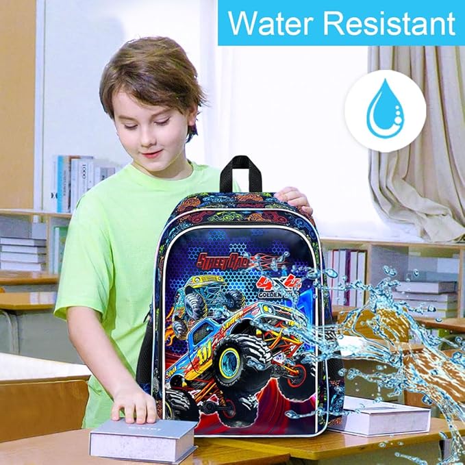 16" Monster Truck Backpack, 3Pcs Boy Bookbag for Elementary Preschool Kindergarten, Kids School Backpacks with Lunch Box (Black)