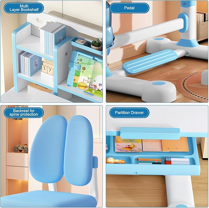 Kids Desk and Chair Set, 2025 Upgraded Height Adjustable Toddler Desk with 50-Degree Tiltable Desktop & Bookshelf & Storage Drawer, Ergonomic Kids Study Desk and Chair Set for Boys Girls Blue