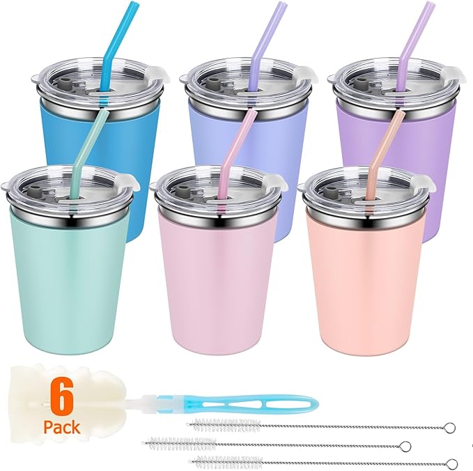 Kids Cups with Straws and Lids, 12oz Sippy Cups with 6 Color Silicone Sleeves Spill Proof Stainless Steel Cups for Kids, Toddlers and Adults
