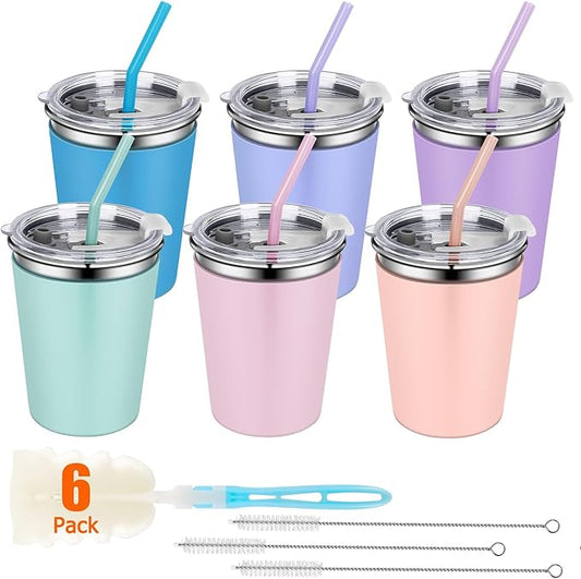 Kids Cups with Straws and Lids, 12oz Sippy Cups with 6 Color Silicone Sleeves Spill Proof Stainless Steel Cups for Kids, Toddlers and Adults