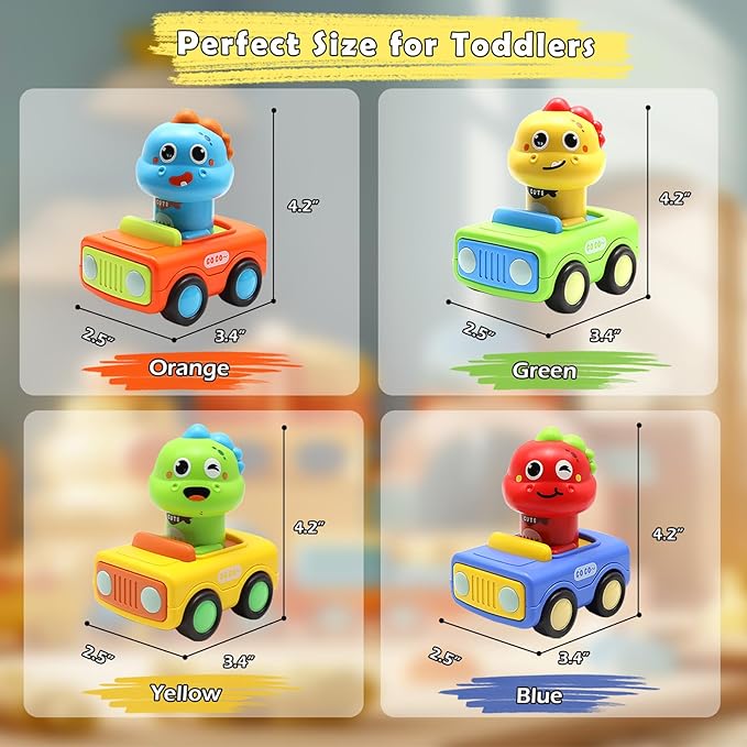 Pbooo Press to Go Car, Dinoaur Car Toys for Toddlers 1-3, Kids' Play Vehicles and Race Cars, Push Go Cars for 6-12-18 Month, Ideal Christmas and Birthday Gift for 1-2 Year Old Kids