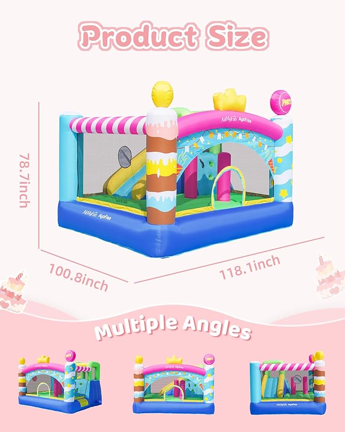 AirMyFun & AyoFree Bounce House, Bouncy House with Slide, Indoor Outdoor Inflatable Bounce House for Kids, Party Theme Bounce Castle with Large Jumping Area, Basketball Hoop