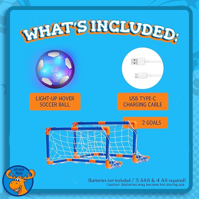 Let Loose Moose Hover Soccer Ball - Boys Birthday Gifts - Indoor Hoover Balls for Kids Age 6, 7, 8, 9, 10, 11, 12 Year Old - Light-Up Toy Game for Kid - 6-8, 8-12 - Rechargeable - with 2 Goals