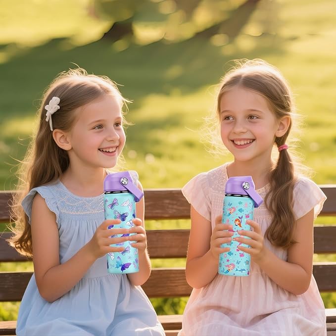18oz Kids Insulated Water Bottle with Straw Lid - 18/8 Stainless Steel Kid Cup Travel Tumbler Double Wall Vacuum Leak Proof Portable Toddler Water Bottle (Butterfly+Mermaid）