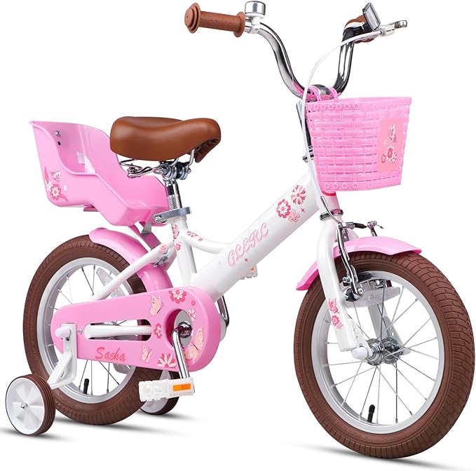 Glerc Sasha Girls Bike, 12-20 Inch Kids Bike for Children Ages 2-13 Years, Kids Bicycle with Doll-Seat & Basket & Training Wheels, Multiple Colors