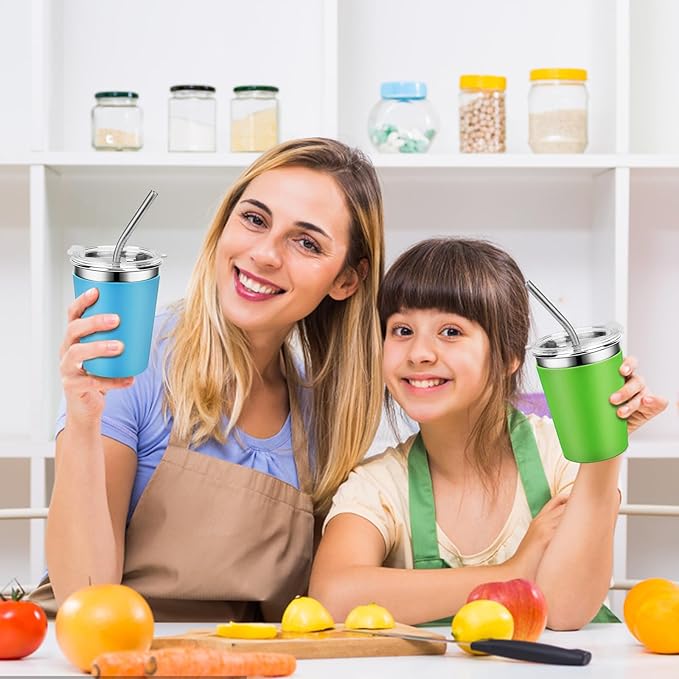 Kids Stainless Steel Cups with Lids, Spill Proof Metal Tumblers With Stainless Steel Straws for Adults, Unbreakable Toddle Cups with Full Wrapped Anti-Scald Sleeves for Hot and Cold Drinks.6Pack.12oz