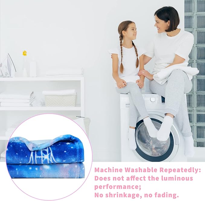 Wesan Glow in The Dark Galaxy Blanket Space Gifts for Kids Boys Girls Outer Space Planets Spaceships Astronomy Starry Sky Throw Birthday for 1-13 Year Teenage Teens Blue 50"x60"