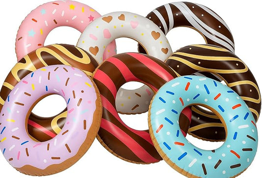 20 Inch Donut Inflatable Pool Floats for Kids – Set of 8 – Colorful Summer Swim Rings with Sprinkles & Chocolate Designs – Fun Water Toys for Swimming Pools, Beach, and Parties Ages 3+