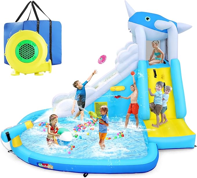 ROOJER Inflatable Water Slide Park for Kids Backyard 12-in-1 Blow Up Narwhal Spray Slide with 480W Blower, Splash Pool, Climbing Wall, Water Cannon, Basketball Hoop for Summer Outdoor Play Party Gift