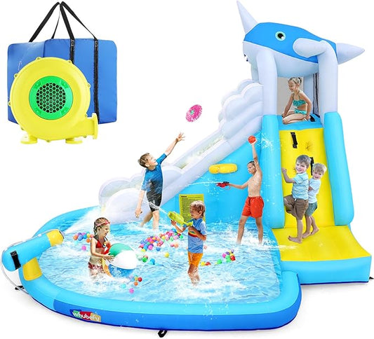 ROOJER Inflatable Water Slide Park for Kids Backyard 12-in-1 Blow Up Narwhal Spray Slide with 480W Blower, Splash Pool, Climbing Wall, Water Cannon, Basketball Hoop for Summer Outdoor Play Party Gift