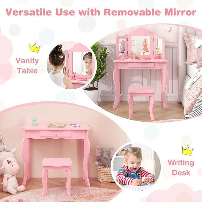 AKUSTIK Kids Vanity, 2 in 1 Wooden Dressing Table and Chair Set with Tri-Folding Mirror, Stool, Storage Drawer, Toddlers Pretend Princess Beauty Playset Toy for Girls