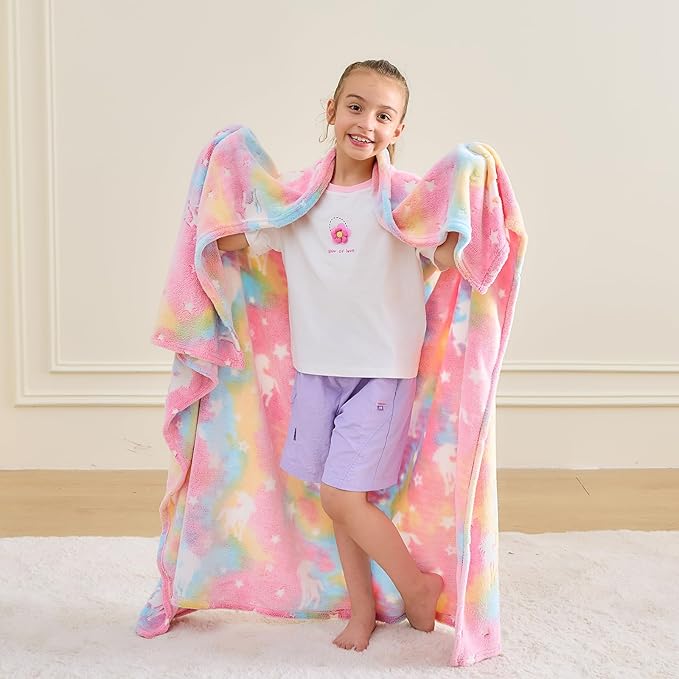 Wajade Unicorn Gifts for Girls - Glow in The Dark Unicorn Blanket Birthday Easter Decor for Kids Age 3 4 5 6 7 8 9 10 11 12 Years Old Teens Child Toddler Throw Pink 60"x80"