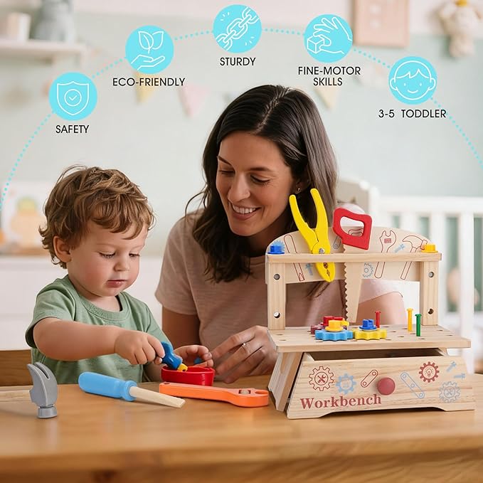 REXBETI Kids Tool Set, Wooden Toddler Tool Set with Apron, Toddler Tool Bench, Educational Montessori Toys for 3 Year Old Boys, Pretend Construction Kits, Birthday Gifts for 3 4 5 Year Old Boy Girl