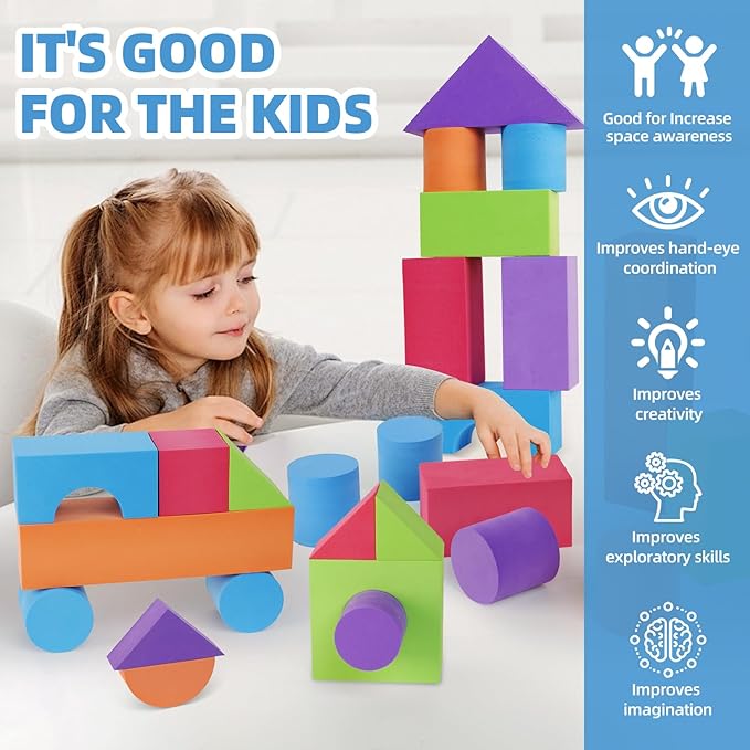 Large Building Foam Blocks for Toddlers, EVA Stacking Foam Building Blocks Toy Set, Non-Toxic, Washable, Early Learning Construction Toys & Gifts for Kids Boys & Girls (Blue, Pieces, 60)