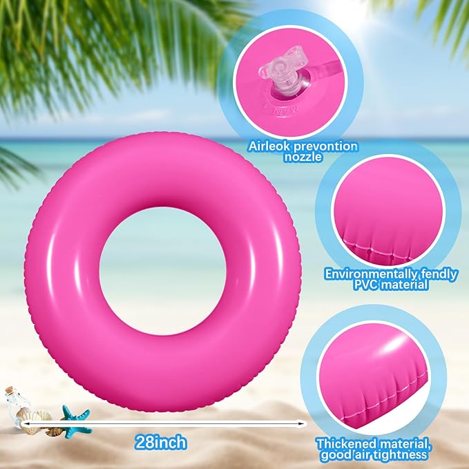 6 Pcs Inflatable Pool Floats 28 Inches Swim Tube Bulk for Adults Swimming Ring Pool Floaties for Beach Party Decorations Women and Men River Lake Summer Vacation Holiday (Rose Pink)