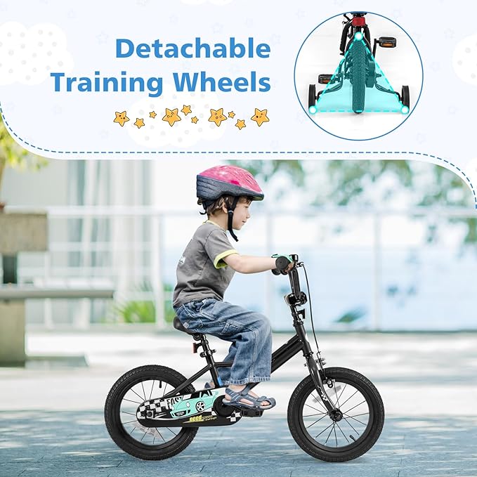 BABY JOY Kids Bike, 12 14 16 18 Inches Car Pattern Sporty Bicycle w/Removable Training Wheels, Hand & Coaster Brakes, Adjustable Seat & Handlebar, Girls Boys Bike