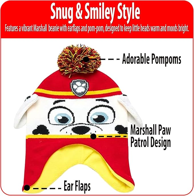 Nicklelodeon Paw Patrol Boy's Winter Hat and 2 Pair of Gloves or Mittens Set (Toddler/Little Boys) Size Age 4-7, Paw Patrol Marshall Glove with Handwarmers