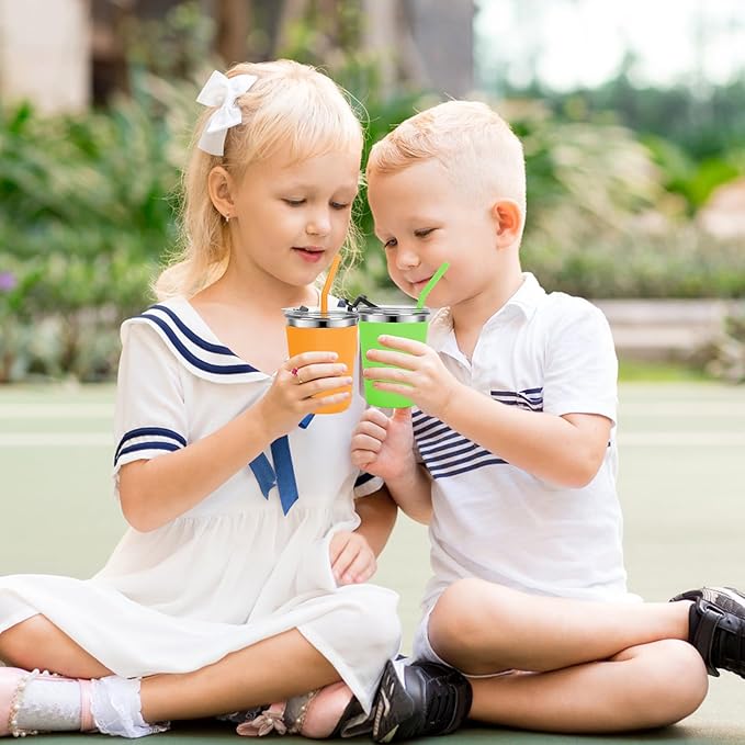 Kids Cups with Straws and Lids Leak Proof, 12oz Sippy Cups for Toddlers 1-3, 2 Pack Spill Proof Cup Stainless Steel Kids Cups with Lids for School, Outdoor (Orange & Green)