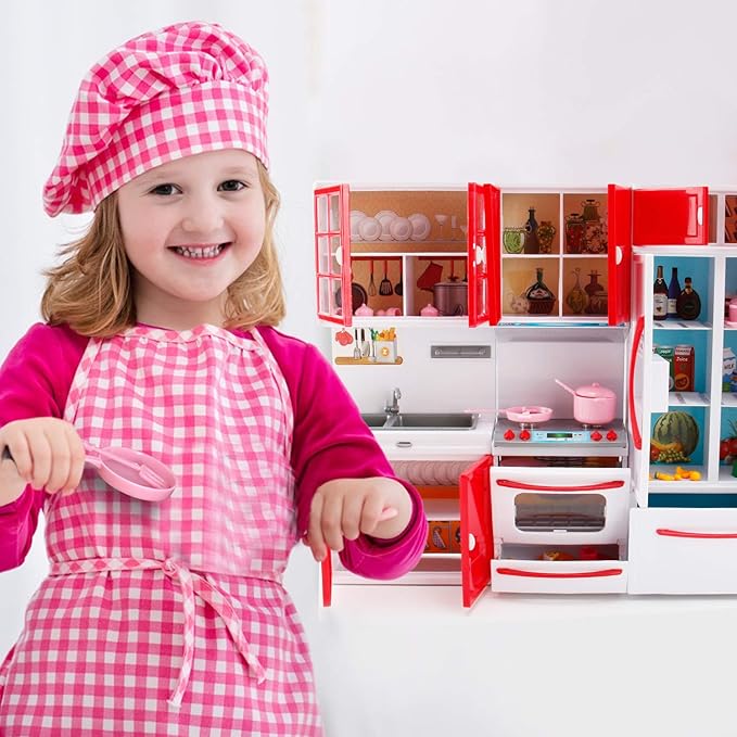 Gourmet Red Doll Modern Kitchen Mini Toy Playset with Lights and Sounds, Perfect for 12 Inch Dolls